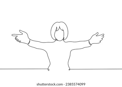 woman stands with arms outstretched wide apart - one line art vector. concept offer hugs