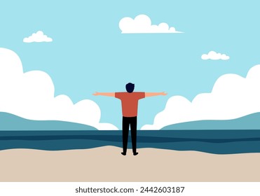Woman stands with arms wide open against a wide beach and sky.