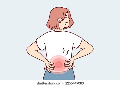 Woman stands with back to screen and holds on to red lower back after failing to lift heavy bag. Girl suffers from pain in spine needs massage or help of osteopath doctor. Flat vector illustration 