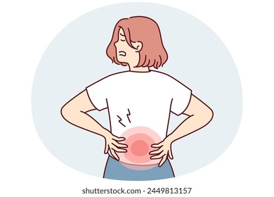 Woman stands with back to screen and holds on to red lower back after failing to lift heavy bag. Girl suffers from pain in spine needs massage or help of osteopath doctor. Flat vector illustration