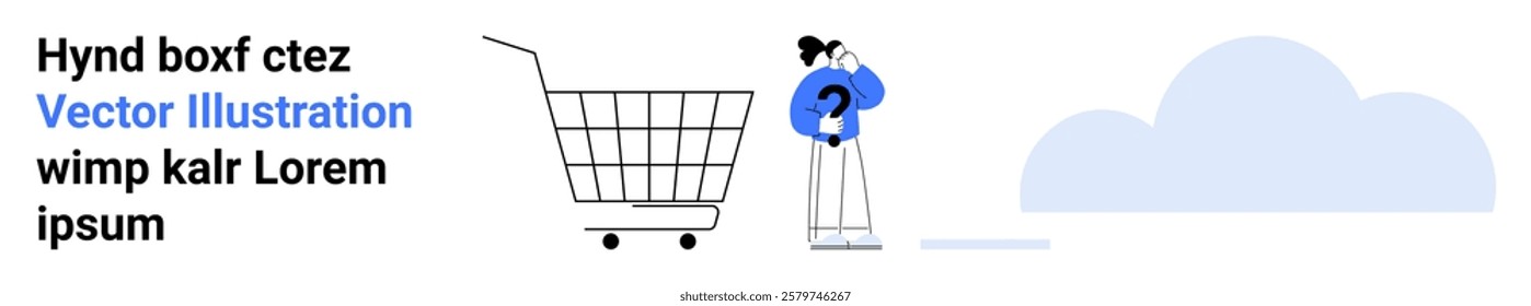 A woman stands beside an empty shopping cart, pondering with a question mark above her head. Ideal for e-commerce, online shopping, decision-making, minimalism, and digital marketing. Banner