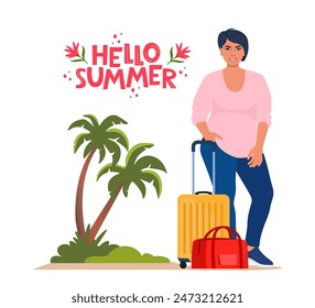 Woman stands beside luggage, ready for travel. Palms and Hello Summer lettering. Concept of adventure, journey, summer trip. Vector Illustration