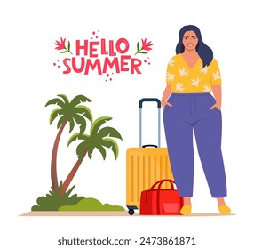 Woman stands beside luggage, ready for travel. Palms and Hello Summer lettering. Concept of adventure, journey, summer trip. Vector Illustration