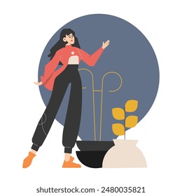 A woman stands beside potted plants and a lightbulb, symbolizing growth and creativity, highlighting the concept of generating new ideas and innovative thinking. Vector illustration.