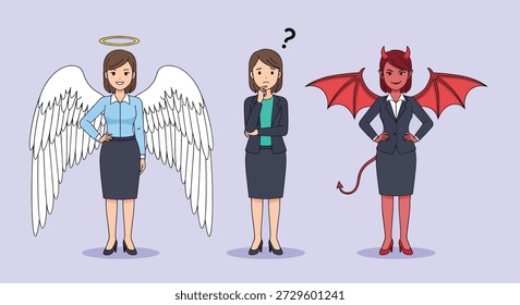 A woman stands between an angel and a devil, representing a difficult choice or moral dilemma in business.