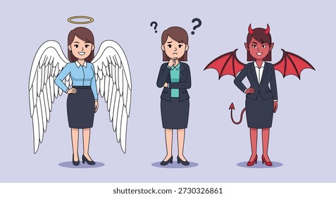 A woman stands between an angel and a devil, symbolizing a moral dilemma or decision.