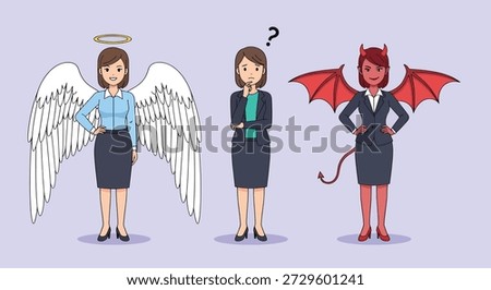 A woman stands between an angel and a devil, representing a difficult choice or moral dilemma in business.