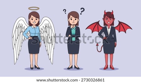 A woman stands between an angel and a devil, symbolizing a moral dilemma or decision.