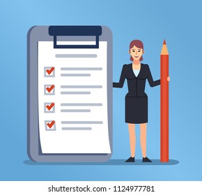 Woman stands with big check list, to do list. Successful time management, planning. Flat design vector illustration