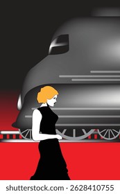 A woman stands by an Art-Deco style locomotive.