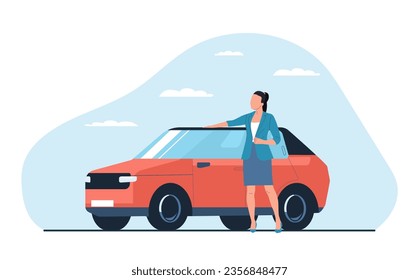 A woman stands by car with his hand on its roof. Concept for insurance companies or car dealers. Vector illustration.