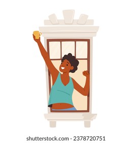 Woman Stands By The Window, Gazing Outside With A Cheerful Expression, Clutching Her Warm Coffee Cup, Lost In The World Beyond The Glass. Smiling Female Character. Cartoon People Vector Illustration
