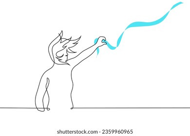 woman stands and catches with her hand a flying (floating in the air) blue ribbon - one line art vector. concept gust of wind, airiness, chasing a dream, making a dream come true metaphor