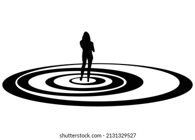 A woman stands at the center of irregular circles.