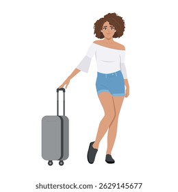 Woman stands confidently with her suitcase, journey dressed in shoulder top and denim shorts. Flat Vector character illustration