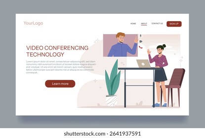 Woman stands at desk waving at man on laptop screen, modern flat style, white background with soft pink accents, concept of virtual meetings. Vector illustration