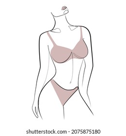 Woman stands dressed in panties and bra, underwear one line art on white isolated background. Vector illustration