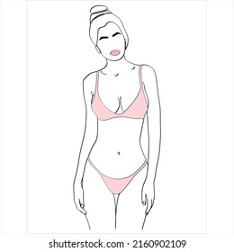 Woman stands dressed in panties and bra, underwear one line art on white isolated background. Vector illustration
