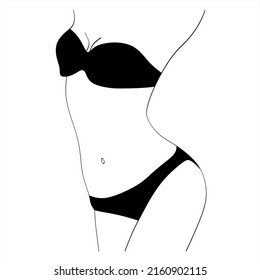 Woman stands dressed in panties and bra, underwear one line art on white isolated background. Vector illustration
