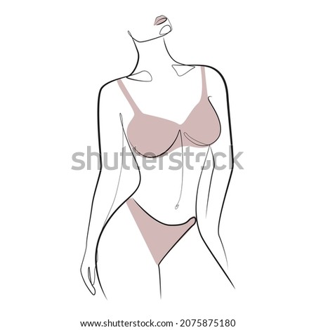 Woman stands dressed in panties and bra, underwear one line art on white isolated background. Vector illustration