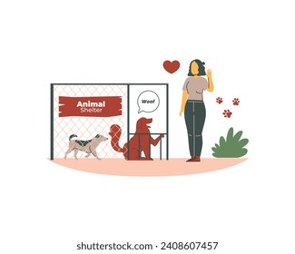 A woman stands in front of a cage with a dog. The concept of animal protection. Vector illustration