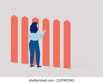 Woman stands in front of the high fence and looks at the other side through the gap. Girl faces an insurmountable obstacles on her life way. Restrictions on human rights in society. Vector