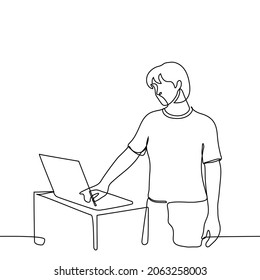 woman stands in front of a laptop her right hand is typing on the keyboard - one line drawing vector. woman consultant salesman at computer store, woman speaker launching presentation 