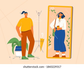 Woman stands in front of mirror looking at reflection. Stylish young girl in comfortable home clothes choosing an outfit for meeting. Vector character illustration of Get dressed, morning routine