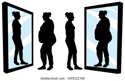 Woman stands in front of a mirror and sees a reflection. Fat and thin girl. Inferiority complex. Thick and thin. Silhouette vector illustration
