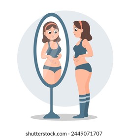 Una mujer de pie frente a un espejo infeliz con su figura. Concepto de dieta. Ilustración, Clipart, Vector