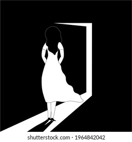 A woman stands in front of an open door and does not dare to enter. Fear of the new. Vector hand-drawn illustration. 