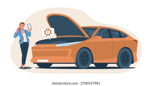 Uma mulher fica em frente ao capô aberto de um carro e pede ajuda usando seu smartphone. Ilustração vetorial.