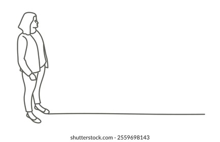 Woman stands in front of a wall, looking at something behind her. The image is in black and white, giving it a classic and timeless feel. Hand drawn vector illustration. Black and white.