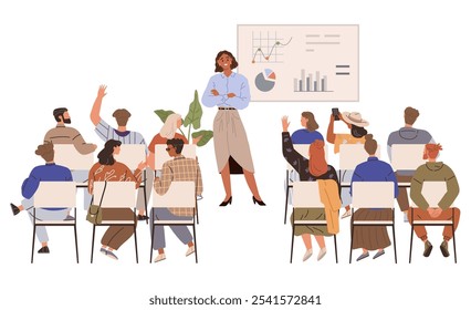 A woman stands in front of a whiteboard displaying charts and data as she presents to an attentive group, some raising hands with questions. Ideal for teamwork, business meetings, professional