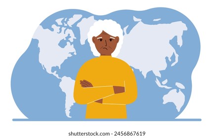 A woman stands in front of a world map with his arms crossed. Vector flat illustration