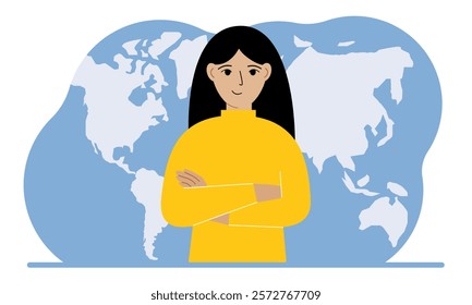 A woman stands in front of a world map with his arms crossed.