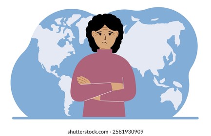 A woman stands in front of a world map with his arms crossed. Vector flat illustration