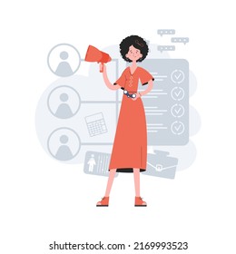 A woman stands in full growth with binoculars. HR theme. Element for presentations, sites. Vector illustration