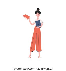 A woman stands in full growth with a book. Isolated. Element for presentations, sites. Vector illustration