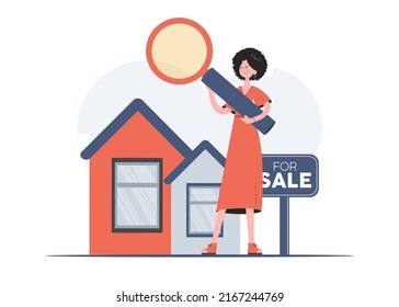 A woman stands in full growth busy looking for a rental apartment. Property search. Flat style. Element for presentations, sites. Vector illustration