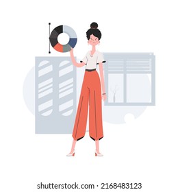 A woman stands in full growth with a color wheel. Design. Element for presentations, sites. Vector illustration