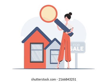 A woman stands in full growth engaged in the search for a house. Property search. Flat style. Element for presentations, sites. Vector illustration