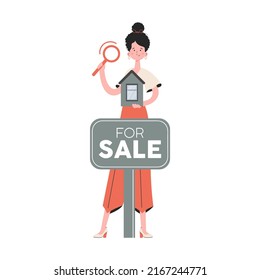 A woman stands in full growth engaged in the search for a house. Isolated. Flat style. Element for presentations, sites. Vector illustration