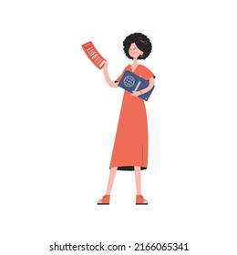 A woman stands in full growth holding a boarding pass and a passport. Isolated. Element for presentations, sites. Vector illustration