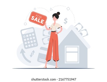 A woman stands in full growth holding a sign about the sale. Property For Sale. Flat style. Element for presentations, sites. Vector illustration