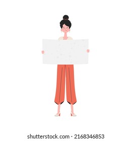 A woman stands in full growth holding a blank sheet in her hands. Isolated. Flat style. Element for presentations, sites. Vector illustration