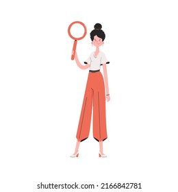 A woman stands in full growth and holds a magnifying glass in her hands. Isolated. Element for presentations, sites. Vector illustration