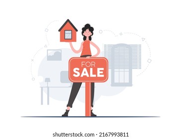 A woman stands in full growth and holds a model of the house. Property For Sale. Flat style. Element for presentations, sites. Vector illustration