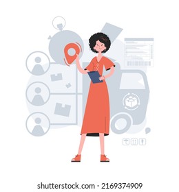 A woman stands in full growth and holds a location icon in her hands. Delivery. Element for presentations, sites. Vector illustration