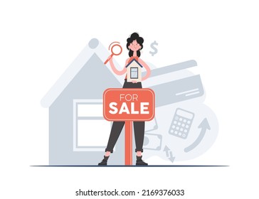 A woman stands in full growth with a house mockup and a sale sign. Property search. Flat style. Element for presentations, sites. Vector illustration
